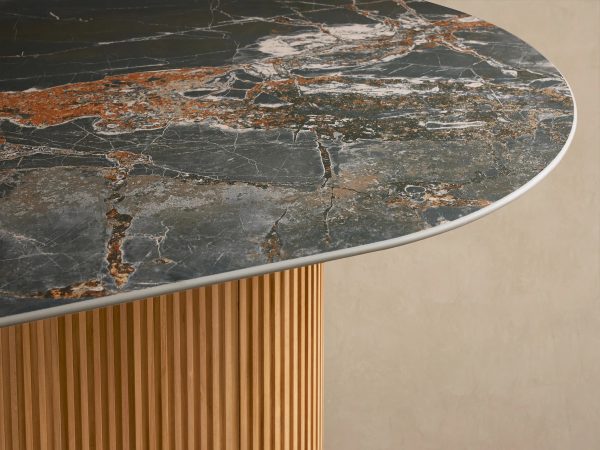 Beaumont Outdoor Teak Dining Table with Stone Top Modern Curved Dining Table - Image 8