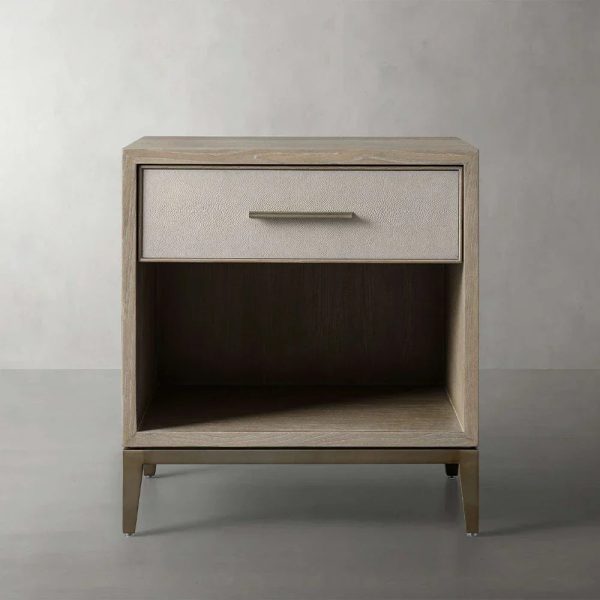 Malone Solid Wood Open Nightstand Shagreen Leather Bedside table With Drawers - Image 7