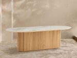 Beaumont Outdoor Teak Dining Table with Stone Top Modern Curved Dining Table - Image 2