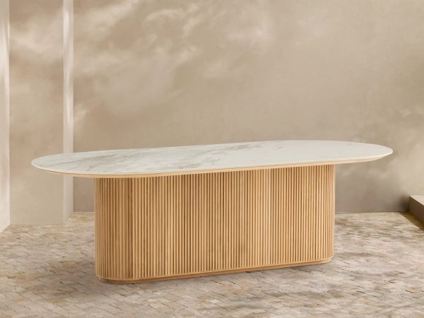 Beaumont Outdoor Teak Dining Table with Stone Top Modern Curved Dining Table - Image 2