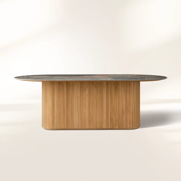 Beaumont Outdoor Teak Dining Table with Stone Top Modern Curved Dining Table - Image 5