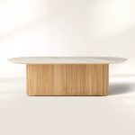 Beaumont Outdoor Teak Dining Table with Stone Top Modern Curved Dining Table