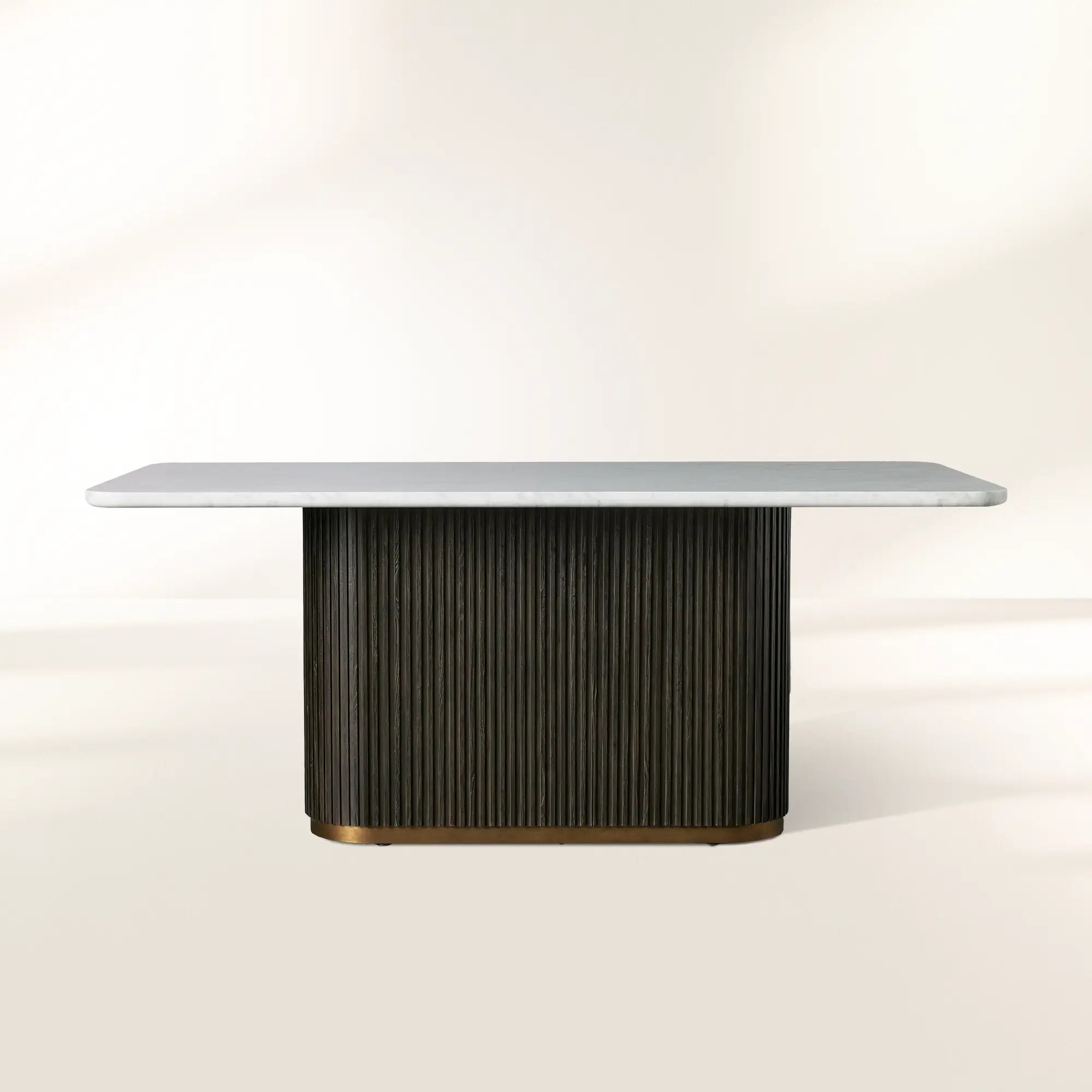 PL_FinnDiningTab-C-E.jpg Finnley Rectangle Marble Stone Top Dining Table with Reeded Oak Wood Base - Image 1