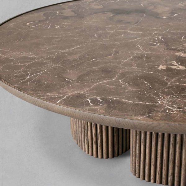 Astor Round Marble Top Coffee Table Wood Cocktail Table Reeded Oak Base Sofa Center Tea Table - Image 13