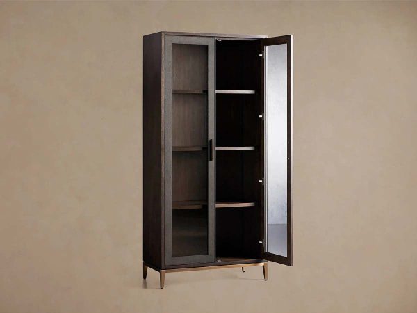 Malone Textured Leather Tall Display Cabinet Wood Storage Cabinet with Glass Doors - Image 11