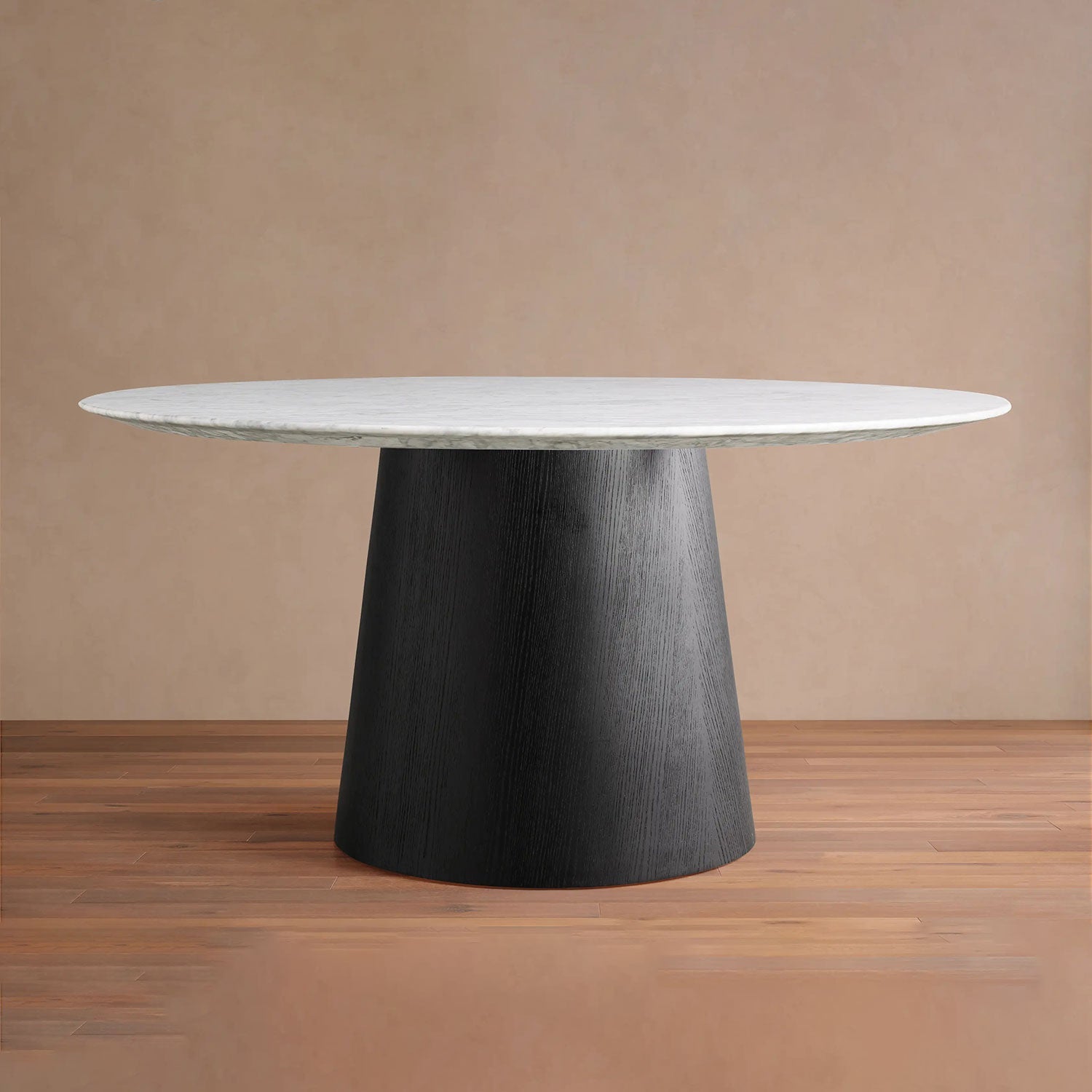 ascasc34qfcsacdwa.jpg Saint Germain Round Dining Table with Carrara Marble Top Wood Toulouse Base - Image 1