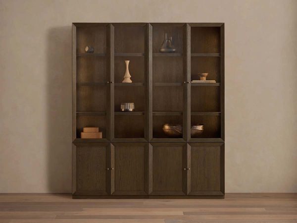Nason Modular Glass Display Cabinets Oak Wood Tall Cabinets Large Bookcase with Integrated LED Lighting - Image 11