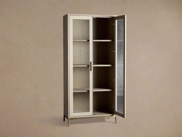 Malone Textured Leather Tall Display Cabinet Wood Storage Cabinet with Glass Doors - Image 5