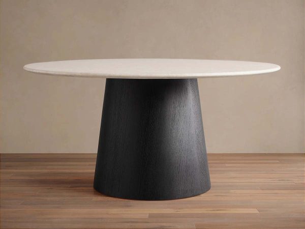 Saint Germain Round Dining Table with Carrara Marble Top Wood Toulouse Base - Image 4