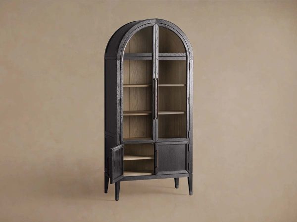 Hattie Glass Tall Display Cabinet Oak Wood Living Room Storage Cabinet - Image 3