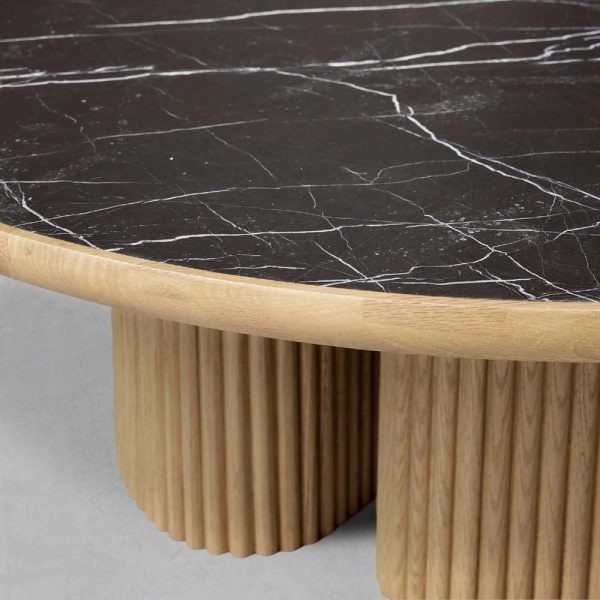 Astor Round Marble Top Coffee Table Wood Cocktail Table Reeded Oak Base Sofa Center Tea Table - Image 8