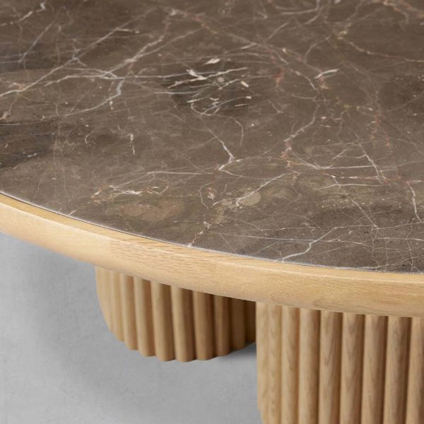 Astor Round Marble Top Coffee Table Wood Cocktail Table Reeded Oak Base Sofa Center Tea Table - Image 3