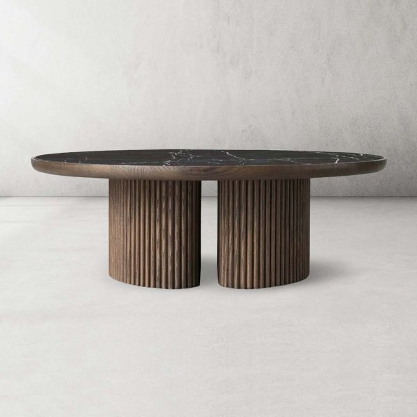 Astor Round Marble Top Coffee Table Wood Cocktail Table Reeded Oak Base Sofa Center Tea Table - Image 18