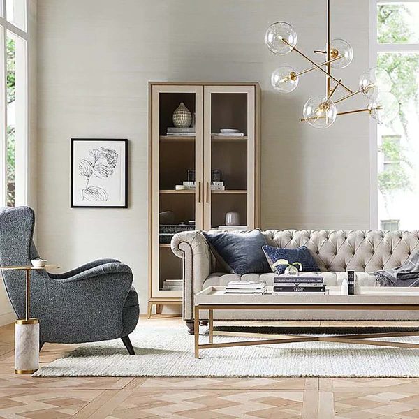Malone Textured Leather Tall Display Cabinet Wood Storage Cabinet with Glass Doors - Image 4