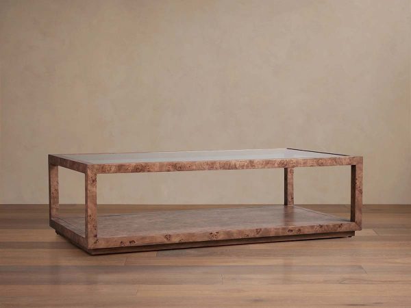 Corey Mappa Burl Wood Coffee Table Glass Tabletop Cocktail Table Rectangle Sofa Center Tea Table - Image 2