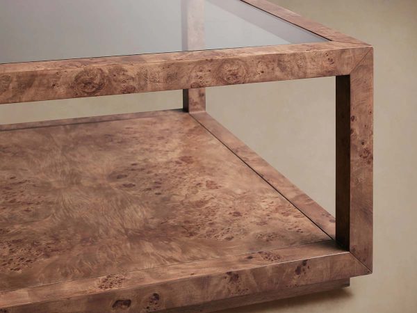 Corey Mappa Burl Wood Coffee Table Glass Tabletop Cocktail Table Rectangle Sofa Center Tea Table - Image 3