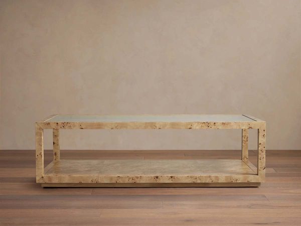 Corey Mappa Burl Wood Coffee Table Glass Tabletop Cocktail Table Rectangle Sofa Center Tea Table - Image 4