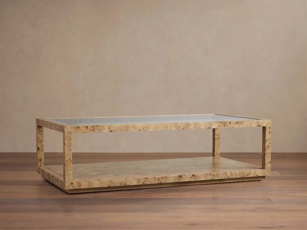 Corey Mappa Burl Wood Coffee Table Glass Tabletop Cocktail Table Rectangle Sofa Center Tea Table - Image 5