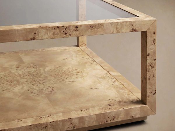 Corey Mappa Burl Wood Coffee Table Glass Tabletop Cocktail Table Rectangle Sofa Center Tea Table - Image 6