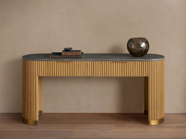 Finnley Stone Top Storage Console Solid Wood Hallway Entryway Table Entrance Cabinet With Drawers - Image 4