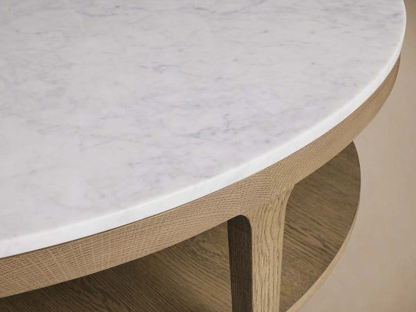 Danny Round Marble Top Coffee Table Oak Wood Base Cocktail Table Living Room Center Tea Table - Image 8