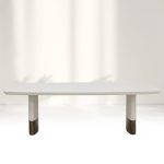 Carolin Pebbled Cream Faux Leather Top Dining Table with Wood Base - Image 6
