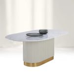 Panoso White Oval Dining Table Carrara Marble Top with Wood Base - Image 3