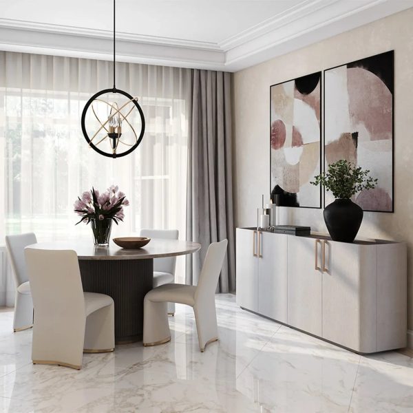 Canodi Polished Cream Marble Stone Top Dining Table with Wood Fluted Base - Image 3