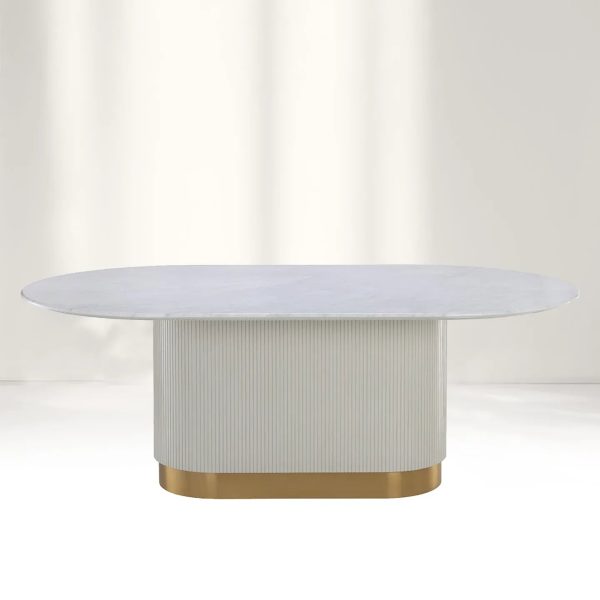 Panoso White Oval Dining Table Carrara Marble Top with Wood Base - Image 4