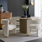 Canodi Polished Cream Marble Stone Top Dining Table with Wood Fluted Base - Image 2