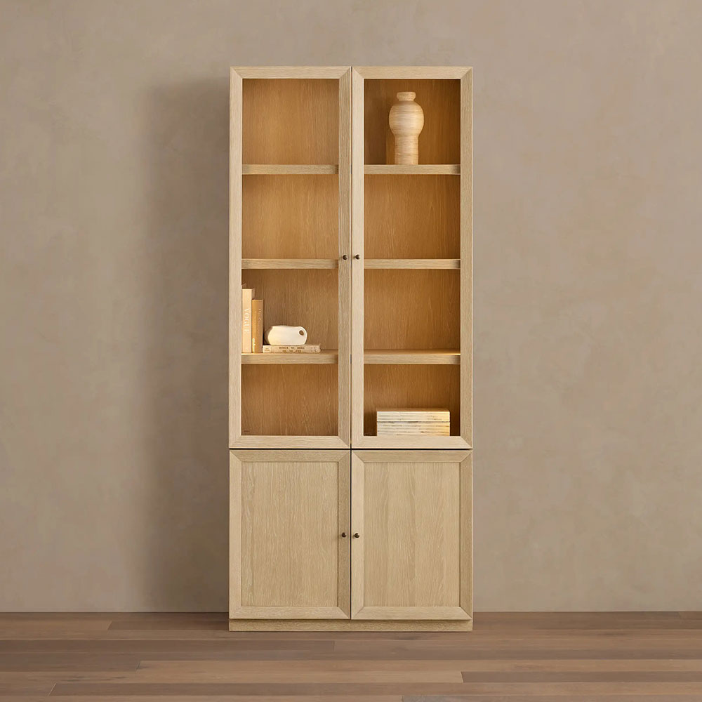 safasq2eqadZcascas.jpg Nason Modular Glass Display Cabinets Oak Wood Tall Cabinets Large Bookcase with Integrated LED Lighting - Image 1
