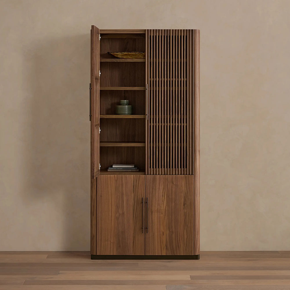 sasasf342wfasfascas.jpg Piermont Modular Reeded Tall Display Cabinet Black Walnut Bookcase with Bronze Plinth Base - Image 1
